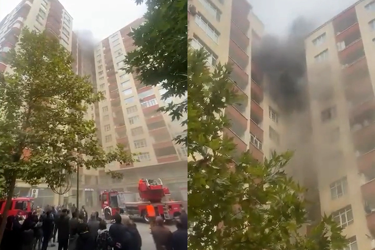 Bakının mərkəzində çoxmərtəbəli bina yanır